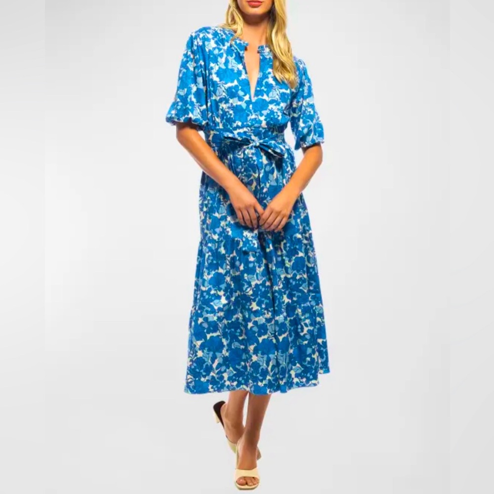 Shoshanna Blue Floral Vneck Midi Dress